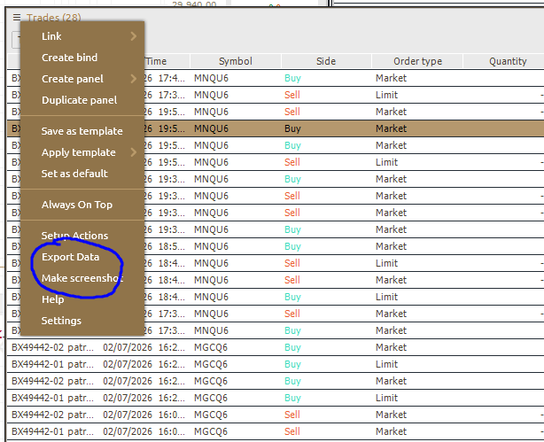 Export Data menu